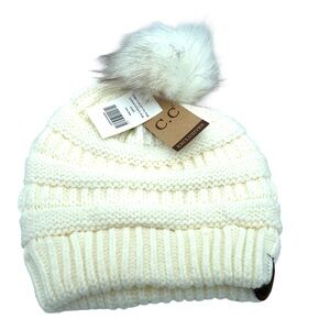 C.C Women’s Ivory Knit Beanie with Faux Fur Pom